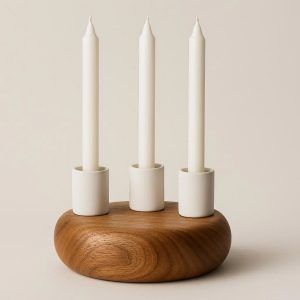 Wood and White Ceramic Modern Candle Holder for Taper Candles