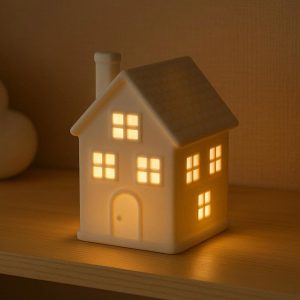 Small Porcelain House Night Light Decor for Nursery Shelf